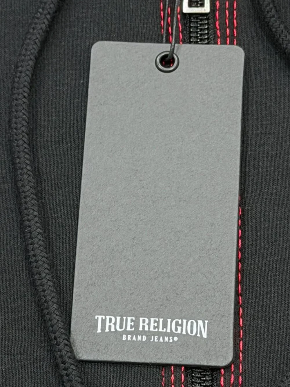 True Religion Mens TNL Puff Buddha Full Zip Hoodie Large L Black Red Stitch NWT